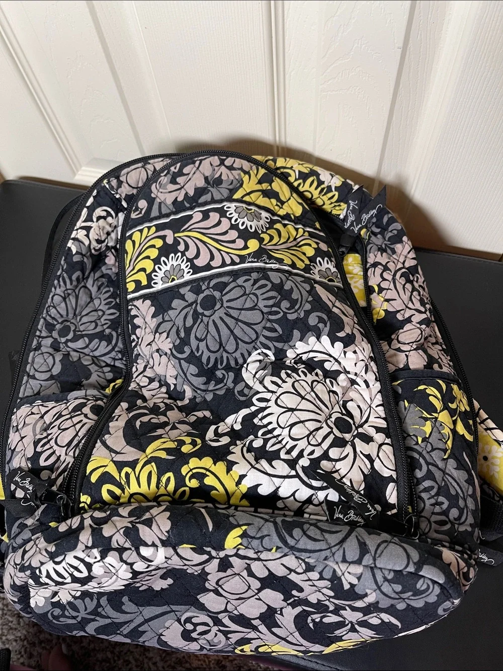 Vera Bradley Black Travel Backpack with Yellow, Gray & Cream Floral Print